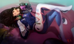 Rule 34 | 1girl, acronym, animal print, artist name, blue jacket, bodysuit, boots, breasts, brown eyes, brown hair, blowing bubbles, character name, chewing gum, chips (food), crossed legs, d.va (overwatch), doritos, emblem, eyeliner, facepaint, facial mark, floral print, food, gloves, gun, hand in pocket, hand up, handgun, headphones, headphones around neck, holding, holding gun, holding weapon, image sample, jacket, kogseu, letterman jacket, lips, logo, long hair, long sleeves, lying, makeup, mecha, medium breasts, meka (overwatch), nose, on back, overwatch, overwatch 1, parted lips, pilot suit, pink lips, pointing, pointing at viewer, rabbit print, ribbed bodysuit, robot, skin tight, solo, thigh boots, thigh strap, thighhighs, turtleneck, weapon, whisker markings, white footwear, white gloves, zipper
