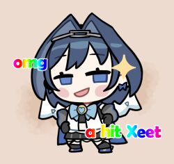 Rule 34 | 1girl, blue eyes, blue hair, bow, bowtie, brooch, chain, chibi, clipe, earrings, hair intakes, hairband, hands on own hips, heart, hololive, hololive english, jewelry, medium hair, omg a hit tweet (meme), open mouth, ouro kronii, ouro kronii (1st costume), smile, smol kronii, smug, solo, virtual youtuber