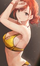 Rule 34 | 1girl, arisugawa natsuha, armpits, arms up, bare shoulders, blush, bracelet, breasts, cleavage, collarbone, earrings, fingernails, grey background, grey eyes, grey nails, hair up, highres, idolmaster, idolmaster shiny colors, jewelry, large breasts, long hair, looking at viewer, medium breasts, nail polish, parted lips, portrait, red hair, sola (solo0730), solo, sports bra, sweat, unfinished, yellow sports bra