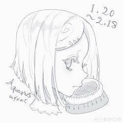 1girl commentary greyscale highres kajino looking_at_viewer monochrome original personification portrait short_hair simple_background solo white_background zodiac