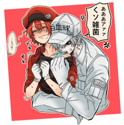 Rule 34 | 1boy, 1girl, ae-3803, ahoge, anger vein, baseball cap, biting, black eyes, black shirt, blush, bra strap, breasts, cabbie hat, closed eyes, clothes pull, collared shirt, embarrassed, gloves, hair over one eye, hat, hataraku saibou, hug, hug from behind, jacket, long sleeves, medium breasts, misuki op1155, name tag, no pupils, off shoulder, red background, red blood cell (hataraku saibou), red hair, red hat, red jacket, shirt, shirt pull, short hair, short sleeves, simple background, spiked hair, sweat, t-shirt, translated, two-tone background, u-1146, upper body, wavy mouth, white background, white blood cell (hataraku saibou), white gloves, white hair, white hat, white shirt
