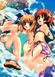 Rule 34 | 2girls, :d, absurdres, ass, barefoot, bikini, blush, brown hair, casual one-piece swimsuit, dengeki moeou, feet, flat chest, flower, frilled swimsuit, frills, gotou nao, hair flower, hair ornament, highres, looking back, multiple girls, one-piece swimsuit, open mouth, red hair, sandals, shoes, side-tie bikini bottom, single shoe, smile, soles, striped bikini, striped clothes, swimsuit, toes, watch, water, wristwatch