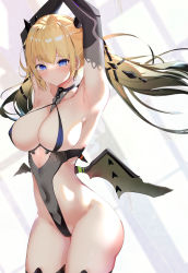 Rule 34 | 1girl, absurdres, armpits, arms up, black hair, black leotard, blonde hair, blue eyes, blush, breasts, chinese commentary, closed mouth, collarbone, commentary, commentary request, covered navel, cowboy shot, demon girl, highres, horns, large breasts, leotard, long hair, looking at viewer, low wings, multicolored hair, original, sideboob, smile, solo, thighs, usagi poi, wings