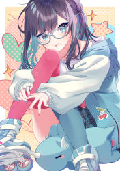 Rule 34 | 1girl, = =, absurdres, asymmetrical legwear, black hair, blue eyes, blue nails, closed mouth, collarbone, commentary request, feet out of frame, food print, glasses, hair between eyes, highres, knees up, looking at viewer, medium hair, mismatched legwear, mochizuki mochi, mole, mole under mouth, multicolored hair, multicolored nails, nail polish, original, polka dot, polka dot background, red nails, roller skates, shoes, sidelocks, sitting, skates, sneakers, solo, strawberry print, streaked hair, swept bangs, thighhighs, tongue, tongue out