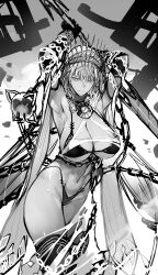 Rule 34 | 1girl, abs, armpits, arms up, bikini, black bikini, breasts, chain, dark-skinned female, dark skin, elbow gloves, fate/grand order, fate (series), gloves, greyscale, highres, jewelry, large breasts, looking at viewer, monochrome, navel, neck ring, nishiide kengorou, official art, swimsuit, thighs, toned, zenobia (fate)