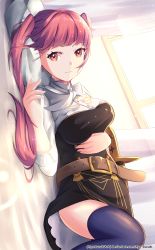 Rule 34 | 1girl, absurdres, bed, belt, blue thighhighs, breasts, buttons, curtains, dappled sunlight, fire emblem, fire emblem: three houses, garreg mach monastery uniform, highres, hilda valentine goneril, indoors, large breasts, long hair, looking at viewer, lying, nintendo, pillow, pink eyes, pink hair, ryo-suzuki, solo, sunlight, tagme, thighhighs, twitter username, window, zettai ryouiki