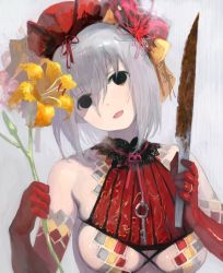 Rule 34 | 1girl, bad id, bad twitter id, bare shoulders, black eyes, character request, commentary request, copyright request, dress, elbow gloves, empty eyes, flower, flower request, gloves, grey hair, hair between eyes, head tilt, headdress, holding, holding flower, holding knife, jewelry, karioki sumi, key, key necklace, knife, lily (flower), looking at viewer, necklace, parted lips, red gloves, ring, short hair, solo, upper body