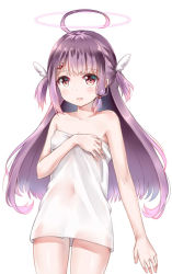 Rule 34 | 1girl, ahoge, artist request, bare shoulders, blush, breasts, covering privates, hair ornament, halo, holding, holding towel, light purple hair, long hair, naked towel, nude cover, red eyes, small breasts, smile, solo, towel, virtual youtuber, winged hair ornament, yumeno shiori, yumeno shiori channel