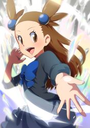 Rule 34 | 1girl, alternate color, brown eyes, creatures (company), crystal, dress, game freak, hair bobbles, hair ornament, hand up, jasmine (pokemon), light brown hair, looking at viewer, nintendo, oooise, open mouth, outstretched arm, pokemon, pokemon masters ex, smile, solo, teeth, tongue