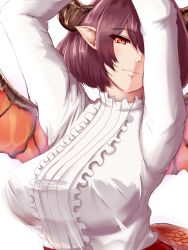 Rule 34 | 10s, 1girl, arms up, bad id, bad pixiv id, breasts, center frills, closed mouth, dragon girl, dragon horns, dragon tail, dragon wings, female focus, frilled shirt, frills, granblue fantasy, grea (shingeki no bahamut), hair between eyes, head tilt, horns, large breasts, lips, long sleeves, looking at viewer, maroon hair, monster girl, neck, pointy ears, purple hair, red eyes, shingeki no bahamut, shirt, short hair, simple background, smile, solo, tail, upper body, white background, white shirt, wings, yanagi (aku-se)