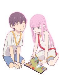 Rule 34 | 10s, 1boy, 1girl, aged down, bag, bare shoulders, barefoot, black hair, blue shorts, book, closed eyes, collarbone, commentary request, couple, darling in the franxx, green eyes, grey shorts, handbag, hetero, highres, hiro (darling in the franxx), long hair, open book, open mouth, pandagapandade, pink hair, reading, seiza, shirt, short hair, short sleeves, shorts, sitting, sleeveless, sleeveless shirt, white shirt, zero two (darling in the franxx)