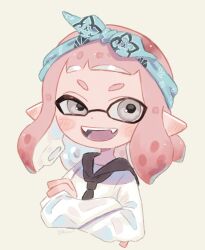 Rule 34 | 1girl, :d, artist name, bandana, black necktie, blue bandana, blush, commentary, crossed arms, ear blush, fangs, grey eyes, highres, inkling, inkling girl, inkling player character, long sleeves, medium hair, necktie, nintendo, open mouth, pink hair, plum0o0, pointy ears, shirt, short bangs, short eyebrows, signature, smile, solo, splatoon (series), suction cups, symbol-only commentary, teeth, tentacle hair, uneven eyes, upper body, upper teeth only, white shirt