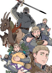 Rule 34 | 04matsuco, 1girl, animal, armor, blonde hair, bowl, closed mouth, dungeon meshi, eating, food, highres, holding, holding bowl, holding sword, holding weapon, laios touden, light brown hair, male focus, monster, multiple views, mushroom, open mouth, saliva, simple background, sweat, sword, tentacles, tongue, vegetable, weapon, white background, wolf
