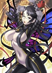 Rule 34 | 1girl, bayonetta, bayonetta (series), bayonetta 1, black hair, bodysuit, breasts, brown eyes, butterfly wings, censored, convenient censoring, glasses, hair censor, hair over breasts, insect wings, large breasts, long hair, navel, solo, sparkle, wings, yukiyanagi