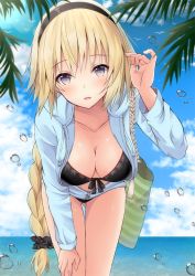 Rule 34 | 1girl, animal, bag, bikini, bird, black bikini, black hairband, black scrunchie, blonde hair, blue eyes, blue jacket, blue sky, blush, braid, braided ponytail, breasts, cleavage, collarbone, commentary request, day, fate/grand order, fate (series), front-tie bikini top, front-tie top, hair ornament, hair scrunchie, hairband, hand on own leg, hand up, highres, holding, holding bag, hood, hood down, hooded jacket, jacket, jeanne d&#039;arc (fate), jeanne d&#039;arc (ruler) (fate), jeanne d&#039;arc (swimsuit archer) (fate), jeanne d&#039;arc (swimsuit archer) (first ascension) (fate), leaning forward, legs together, long hair, long sleeves, looking at viewer, low-tied long hair, medium breasts, ocean, open clothes, open jacket, open mouth, outdoors, palm tree, scrunchie, single braid, sky, solo, standing, swimsuit, thigh gap, tree, unzipped, very long hair, water, water drop, yuzuzukushi, zipper