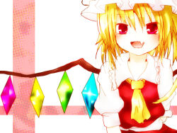 Rule 34 | 1girl, :d, akina (schism), bad id, bad pixiv id, blonde hair, embodiment of scarlet devil, fang, female focus, flandre scarlet, hat, open mouth, red eyes, simple background, smile, solo, touhou, wings