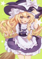 Rule 34 | 1girl, :d, black dress, blonde hair, bow, braid, broom, commentary request, cowboy shot, dress, flat chest, green background, hair between eyes, hair bow, hair ribbon, hand on own head, happy, hat, highres, holding, holding broom, kirisame marisa, leaning forward, light blush, long hair, looking at viewer, messy hair, moni monico, open mouth, ribbon, sample watermark, simple background, single braid, smile, solo, thigh gap, touhou, tress ribbon, very long hair, watermark, white bow, witch hat, yellow eyes