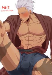 Rule 34 | 1boy, abs, archer (fate), bara, blush, boxers, bulge, dark-skinned male, dark skin, disembodied limb, erection, erection under clothes, fate/stay night, fate (series), hotaru (ss801), japanese clothes, male focus, male underwear, muscular, muscular male, nipples, open clothes, open shirt, pectorals, pov, pov hands, solo focus, spread legs, sweat, underwear, white hair