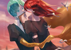 Rule 34 | 2others, androgynous, bad id, bad pixiv id, blurry, blurry background, character name, cinnabar (houseki no kuni), clipboard, colored eyelashes, elbow gloves, closed eyes, eyes visible through hair, gem uniform (houseki no kuni), gloves, gold, golden arms, green eyes, green hair, highres, houseki no kuni, indirect kiss, looking at another, mercury (element), multiple others, necktie, phosphophyllite, red hair, short hair, spoilers, tsushima touko