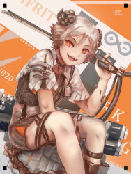Rule 34 | 1boy, arknights, character name, fangs, flamethrower, gender request, genderswap, highres, horns, id card, ifrit (arknights), male focus, open mouth, short hair, shorts, smile, solo, strap, weapon, white hair, xilveroxas