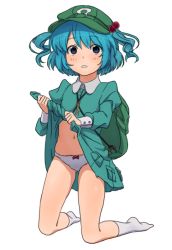 Rule 34 | 1girl, backpack, bag, barefoot, blue dress, blue eyes, blue hair, blush, bow, clothes lift, dress, dress lift, full body, hair bobbles, hair ornament, hat, kawashiro nitori, key, kneeling, long sleeves, looking at viewer, matching hair/eyes, midriff, navel, panties, parted lips, puffy sleeves, simple background, socks, solo, string, touhou, toujou (toujou ramen), twintails, two side up, underwear, white background, white panties, white socks