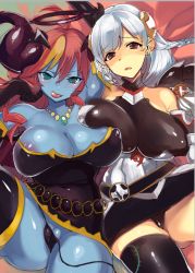 Rule 34 | 2girls, blue skin, breasts, colored skin, demon girl, hera (p&amp;d), horns, huge breasts, large breasts, multiple girls, puzzle &amp; dragons, shindou (fuguri), thick thighs, thighs, tongue, tongue out, valkyrie (p&amp;d)