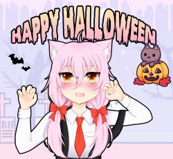Rule 34 | animal ears, animal hands, bow, bowtie, cat ears, cat girl, cat paws, halloween, highres, himeichi, messy hair, original, pastel colors, pink hair, twintails, yellow eyes