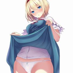 Rule 34 | alice margatroid, amisu, blonde hair, blue dress, blue eyes, blush, bow, bow panties, capelet, clothes lift, dress, dress lift, hair between eyes, hairband, lifting own clothes, looking at viewer, panties, ribbon, short hair, short sleeves, simple background, skindentation, skirt, skirt lift, solo, touhou, underwear, white background, white panties