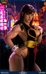 Rule 34 | 1girl, alternate costume, alternate hairstyle, bare legs, black dress, bracelet, braid, breasts, brown hair, capcom, china dress, chinese clothes, chun-li, city, cleavage, curvy, dress, female focus, figure, highres, jewelry, large breasts, night, photo (medium), solo, spiked bracelet, spikes, street fighter, street fighter v, thick thighs, thighs