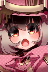 Rule 34 | 1girl, bat girl, brown long-eared bat (kemono friends), chocolate, chocolate on clothes, choker, dress, gloves, grey hair, hat, heart, heart hands, highres, hikarikmy, kemono friends, kemono friends v project, long hair, looking at viewer, necktie, open mouth, red eyes, simple background, solo, valentine, virtual youtuber