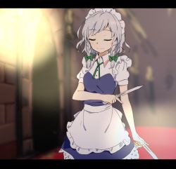 Rule 34 | 1girl, apron, blurry, blurry background, bow, braid, closed eyes, closed mouth, cowboy shot, dual wielding, green bow, green ribbon, hair bow, holding, holding knife, indoors, izayoi sakuya, knife, letterboxed, maid, maid headdress, makuwauri, neck ribbon, ribbon, short sleeves, side braid, silver hair, smile, solo, touhou, twin braids, waist apron, white apron