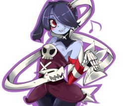 Rule 34 | 1girl, blue hair, blue skin, blush, breasts, cleavage, colored skin, hair over one eye, hua (hua113), leviathan (skullgirls), long hair, musical note, outline, red eyes, sideboob, skull, skullgirls, smile, solo, squigly (skullgirls), zombie