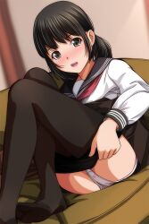 Rule 34 | 1girl, black hair, black pantyhose, blush, brown eyes, brown skirt, clothes lift, clothes pull, couch, heart, heart print, highres, long hair, long sleeves, looking at viewer, low twintails, matsunaga kouyou, neckerchief, open mouth, panties, pantyhose, pantyhose pull, print panties, red neckerchief, school uniform, shirt, sitting, skirt, skirt lift, smile, teeth, twintails, underwear, undressing, white panties, white shirt