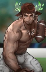 Rule 34 | 1boy, abs, american football, american football (object), animal ears, ball, bara, beard, body hair, brown hair, bulge, chest hair, dopey (dopq), facial hair, feathers, fiery horns, forked eyebrows, glowing horns, highres, horns, large pectorals, looking at viewer, male focus, manly, muscular, native american, nipples, pectorals, rugby ball, simple background, smile, solo, sportswear, thick eyebrows, thick thighs, thighs, tokyo houkago summoners, topless male, upper body, wakan tanka