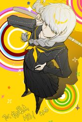 Rule 34 | 1boy, black pantyhose, black sailor collar, black skirt, braid, closed mouth, crossdressing, eca leaf, from above, grey hair, hand on own hip, highres, holding, holding weapon, long hair, long sleeves, male focus, narukami yuu, neckerchief, pantyhose, persona, persona 4, pleated skirt, sailor collar, school uniform, serafuku, shadow, simple background, skirt, solo, sparkle, standing, trap, twin braids, weapon, yasogami school uniform, yellow neckerchief