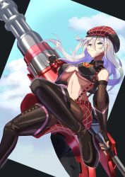 Rule 34 | 1girl, absurdres, alisa ilinichina amiella, bare shoulders, blue eyes, boots, bracelet, breasts, cabbie hat, elbow gloves, fingerless gloves, gloves, god eater, hat, highres, huge weapon, jewelry, large breasts, long hair, midriff, navel, plaid, plaid headwear, plaid skirt, siorudo origin, skirt, sleeveless, solo, suspender skirt, suspenders, suspenders slip, thigh boots, thighhighs, underboob, weapon
