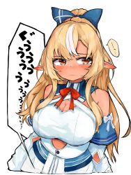 Rule 34 | 1girl, absurdres, blonde hair, blush, bow, breasts, cleavage, dark-skinned female, dark skin, detached sleeves, dress, highres, hololive, large breasts, long hair, pointy ears, ponytail, red eyes, shiranui flare, shiranui flare (1st costume), stomach growling, suzu coconatu, virtual youtuber, white background, white dress