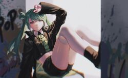 Rule 34 | 1girl, black footwear, black jacket, black shorts, blurry, chromatic aberration, commentary, cropped jacket, cropped shirt, depth of field, double bun, expressionless, full body, graffiti, green eyes, green hair, hair between eyes, hair bun, hatsune miku, highres, jacket, long hair, long sleeves, looking at viewer, shiny skin, shorts, sidelighting, sitting, solo, symbol-only commentary, thighhighs, twintails, vocaloid, white thighhighs, zhou huan (dgpe2833)