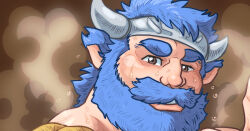 Rule 34 | 1boy, animal ears, bara, beard, beard over mouth, blue hair, cow ears, dwarf, facial hair, fake horns, forked eyebrows, highres, horned headwear, horns, male focus, mature male, muscular, muscular male, original, paid reward available, portrait, short hair, smile, solo, sweat, thick beard, thick eyebrows, thick mustache, thick neck, very sweaty, zettoken