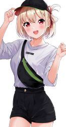 Rule 34 | 1girl, :d, bag, baseball cap, black bag, black hat, black shorts, blonde hair, breasts, clothes writing, collarbone, commission, green bag, green hat, hair between eyes, hair ribbon, hands up, hat, highres, looking at viewer, lycoris recoil, nishikigi chisato, open mouth, red eyes, red ribbon, ribbon, shirt, short hair, short shorts, short sleeves, shorts, shoulder bag, skeb commission, smile, solo, teeth, totoki86, two-tone bag, two-tone headwear, upper teeth only, white background, white shirt