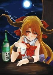 Rule 34 | 1girl, absurdres, alcohol, blush, bottle, bow, brown eyes, cloud, cup, drunk, full moon, hair bow, hatori you, highres, holding, holding cup, horns, ibuki suika, immaterial and missing power, leaning forward, long hair, looking at viewer, moon, moonlight, oni, orange hair, red bow, red ribbon, ribbon, shirt, sitting, sky, sleeveless, sleeveless shirt, solo, table, tongue, tongue out, touhou, tree, wrist cuffs