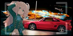 Rule 34 | 1girl, arm up, blue bow, blue bowtie, blue hair, blush, bow, bowtie, buttons, car, closed mouth, commentary, commission, cowboy shot, dress, green dress, green eyes, hair between eyes, highres, long hair, long sleeves, looking at viewer, motor vehicle, multicolored hair, night, night sky, original, salute, signature, skeb commission, sky, sleeve cuffs, smile, solo, star (sky), streaked hair, toyota, toyota mr2, two-finger salute, vehicle focus, very long hair, viewfinder, white hair, yoshioka yoshiko