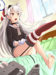 Rule 34 | 10s, 1girl, adjusting clothes, amatsukaze (kancolle), bad id, bad pixiv id, barefoot, bed, brown eyes, clock, dorsiflexion, dress, dressing, feet, garter straps, gloves, hair tubes, kantai collection, long hair, mijinko (rioriorio), on bed, open mouth, outstretched leg, rensouhou-kun, rioriorio, sailor dress, school uniform, single thighhigh, sitting, soles, spread toes, striped clothes, striped thighhighs, thighhighs, thighhighs pull, toes, twintails, two side up, white hair, window
