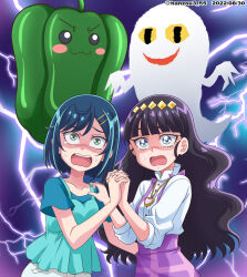 Rule 34 | :3, bell pepper, black hair, blue camisole, blue eyes, blue hair, blue shirt, blunt bangs, blush stickers, bob cut, camisole, collared shirt, commentary request, constricted pupils, dated, delicious party precure, electricity, frown, fuwa kokone, ghost, gloom (expression), green eyes, hair ornament, hairclip, hand on another&#039;s shoulder, hanzou, heart, heart necklace, high-waist skirt, high collar, highres, holding hands, jewelry, kasai amane, layered clothes, long hair, long sleeves, looking at viewer, necklace, nenaiko dare da, open mouth, pants, partial commentary, pepper, precure, purple skirt, scared, shirt, short hair, skirt, suspender skirt, suspenders, sweatdrop, t-shirt, twitter username, v-shaped eyebrows, white pants, white shirt