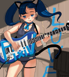 Rule 34 | :p, animal ears, bad id, bad pixiv id, blue eyes, blue hair, cat ears, cat tail, cowboy shot, guitar, instrument, kouno (masao), long hair, one-piece swimsuit, original, pixiv, school swimsuit, solo, swimsuit, tail, tongue, tongue out, twintails