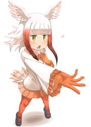 Rule 34 | 10s, 1girl, absurdres, bird tail, bird wings, commentary request, female focus, frilled sleeves, frills, fur collar, gloves, hand on own chest, head wings, highres, japanese crested ibis (kemono friends), kemono friends, long sleeves, multicolored hair, music, musical note, open mouth, outstretched hand, pantyhose, singing, skirt, solo, tail, thin (suzuneya), wings