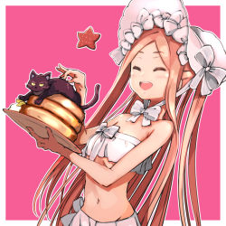 Rule 34 | 1girl, abigail williams (fate), abigail williams (swimsuit foreigner) (fate), abigail williams (swimsuit foreigner) (third ascension) (fate), bare shoulders, bikini, black cat, blonde hair, blush, bonnet, bow, breasts, cat, closed eyes, fate/grand order, fate (series), food, forehead, hair bow, haku (grimjin), long hair, miniskirt, navel, open mouth, pancake, panties, parted bangs, pink panties, plate, sidelocks, skirt, small breasts, smile, star (symbol), swimsuit, twintails, underwear, very long hair, white bikini, white bow, white headwear