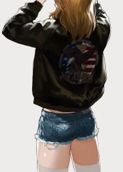 Rule 34 | 10s, 1girl, adapted costume, american flag, arms up, ass, bad id, bad twitter id, blonde hair, bomber jacket, brown jacket, bulldojang, clothes writing, cutoffs, denim, denim shorts, from behind, girls und panzer, gradient background, jacket, kay (girls und panzer), long hair, long sleeves, open clothes, open jacket, pocket, shiny skin, short shorts, shorts, simple background, solo, standing, thighhighs, white background, white thighhighs