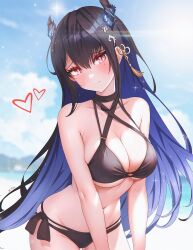 Rule 34 | 1girl, asymmetrical horns, bare shoulders, beach, bikini, black bikini, black hair, blue hair, breasts, cleavage, closed mouth, colored inner hair, hair ornament, highres, hololive, hololive english, horns, large breasts, long hair, looking at viewer, mole, mole under eye, multicolored hair, navel, nerissa ravencroft, outdoors, red eyes, sk jynx, solo, swimsuit, uneven horns, virtual youtuber