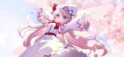 Rule 34 | 1girl, blonde hair, blue eyes, blurry, blurry background, blush, bow, bowtie, cherry blossoms, closed mouth, dress, fairy wings, hat, hat bow, lily white, long hair, long sleeves, looking at viewer, non-web source, official art, outstretched arms, red bow, red bowtie, second-party source, smile, solo, touhou, touhou gensou eclipse, u u zan, very long hair, white dress, white hat, wide sleeves, wings